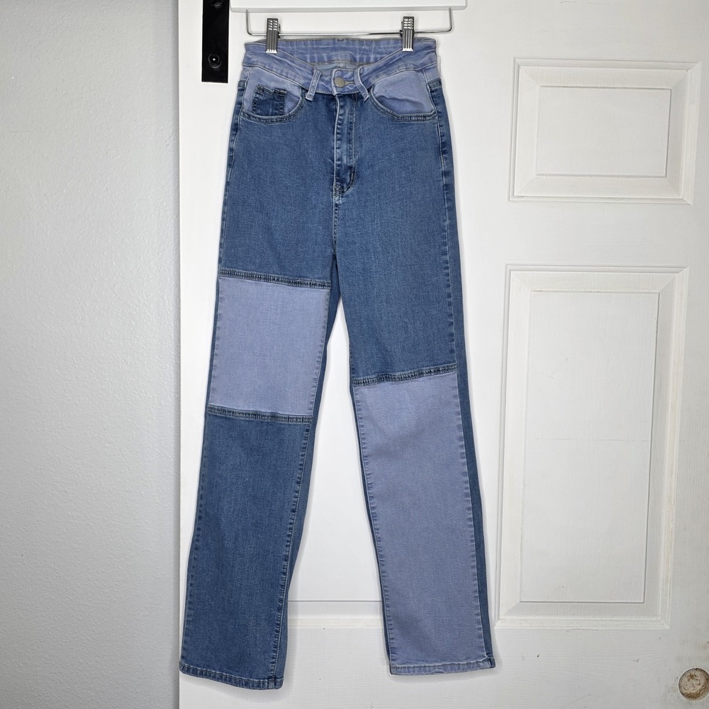 Colorblock Patchwork Jeans Women Size XS High Rise Wide Leg Two Tone Denim Y2K